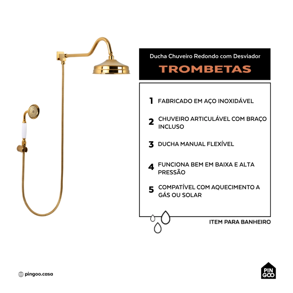 Ducha Chuveiro Redondo de Parede com desviador Trombetas Dourado Ducha Chuveiro Redondo de Parede com desviador Trombetas Dourado