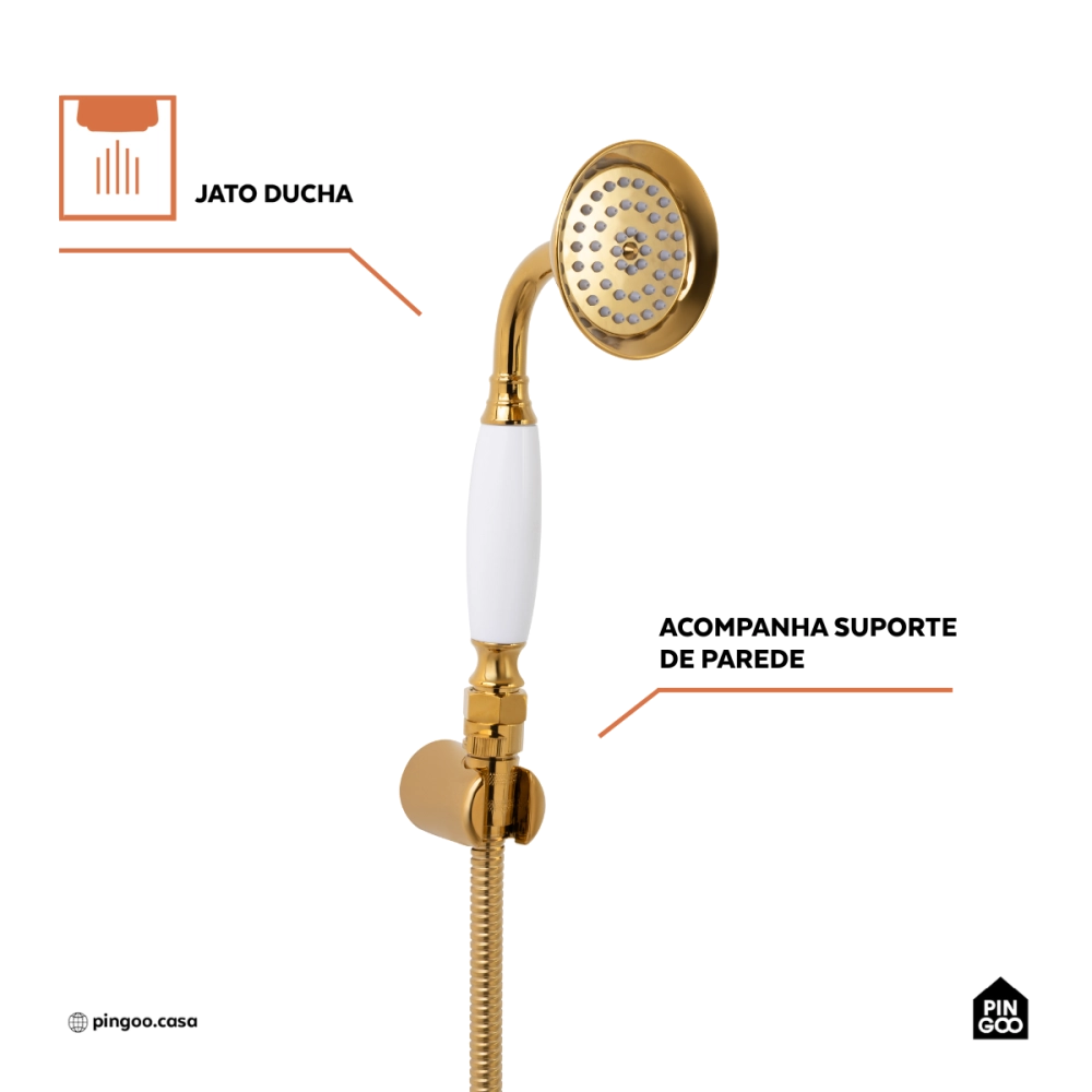 Ducha Chuveiro Redondo de Parede com desviador Trombetas Dourado Ducha Chuveiro Redondo de Parede com desviador Trombetas Dourado