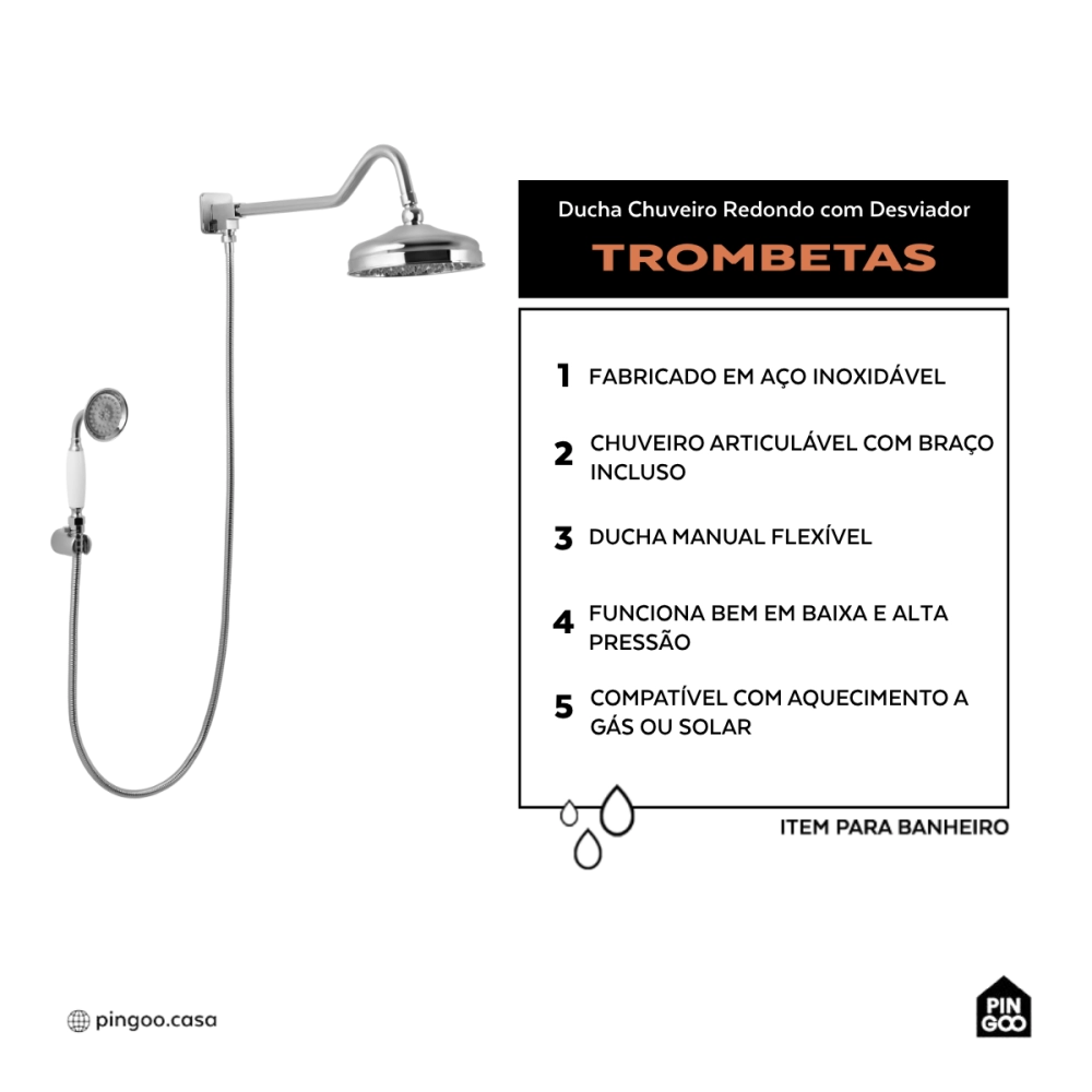 Ducha Chuveiro Redondo de Parede com desviador Trombetas Prata Ducha Chuveiro Redondo de Parede com desviador Trombetas Prata