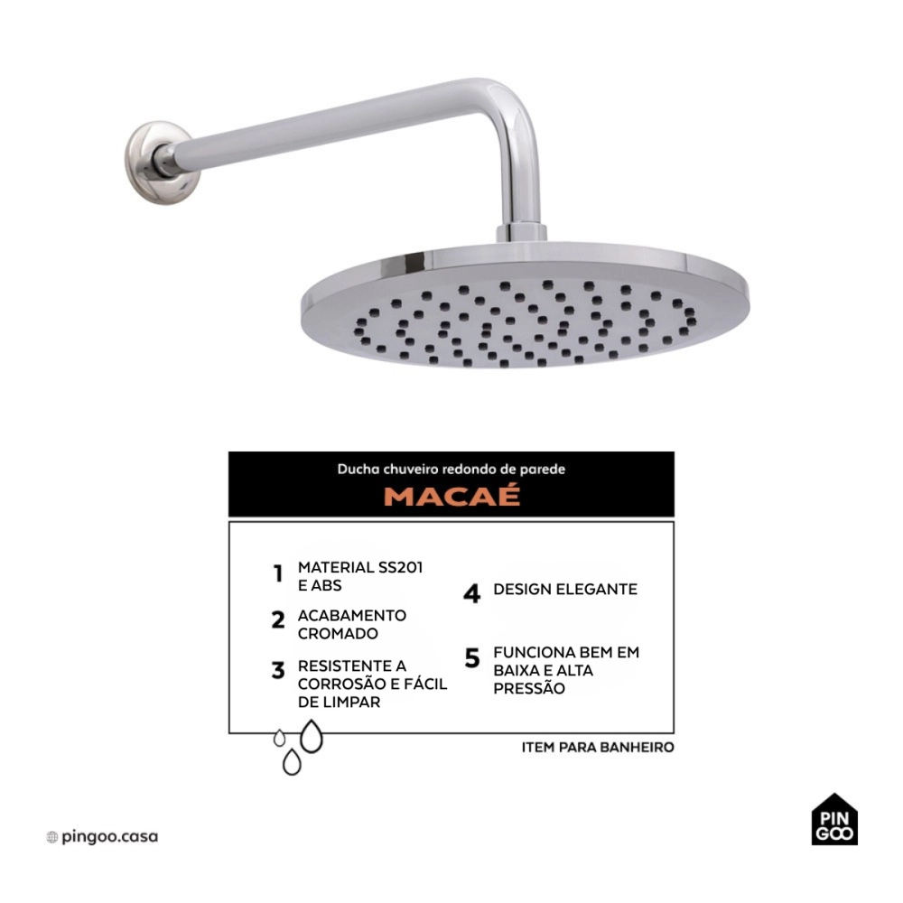 Ducha chuveiro redondo de parede Macaé - Prata