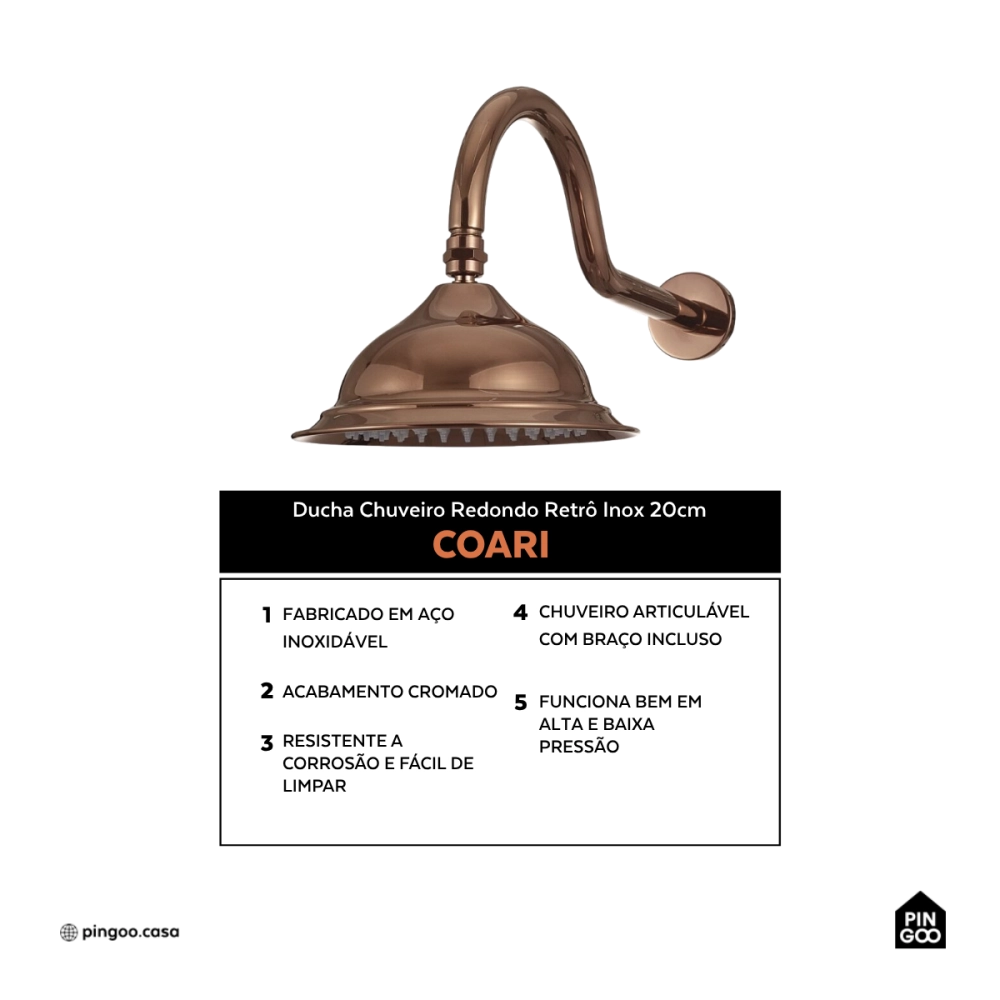 Ducha Chuveiro Redondo Retrô Inox 20cm Coari Pingoo.casa - Dourado Rose Ducha Chuveiro Redondo Retrô Inox 20cm Coari Pingoo.casa - Dourado Rose