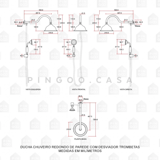 Ducha Chuveiro Redondo de Parede com desviador Trombetas Prata Ducha Chuveiro Redondo de Parede com desviador Trombetas Prata