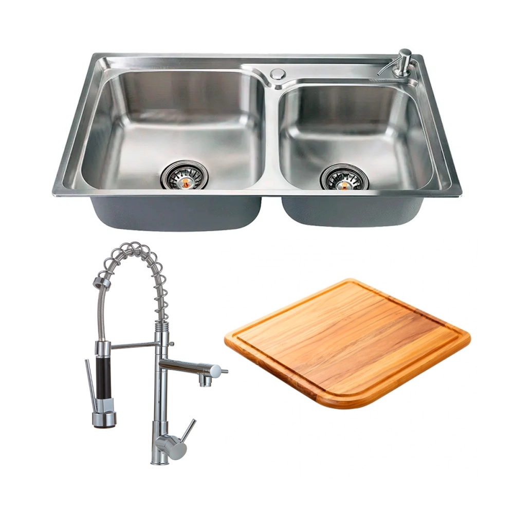 Kit Cuba Dupla Gourmet para Cozinha e Acessórios Aço Inox 78x43cm Tábua de Corte e Torneira Misturador Monocomando Munim