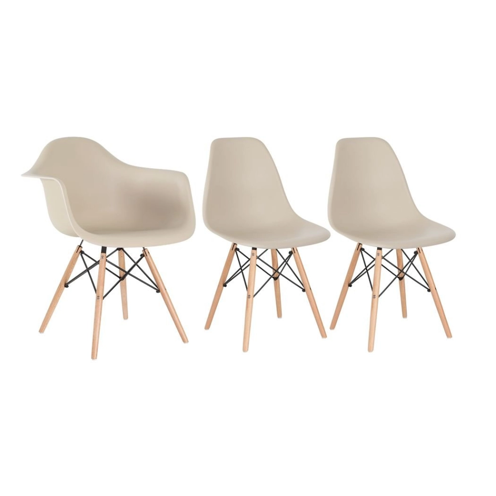 Kit 1 cadeiras Charles Eames DAW com braços + 2 cadeiras Eiffel DSW - Nude