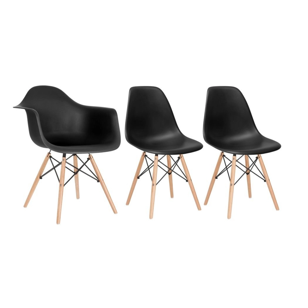 Kit 1 cadeiras Charles Eames DAW com braços + 2 cadeiras Eiffel DSW - Preto Kit 1 cadeiras Charles Eames DAW com braços + 2 cadeiras Eiffel DSW - Preto
