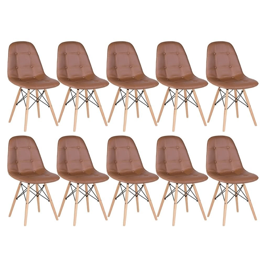 Kit 10 Cadeiras de jantar Charles Eames Eiffel Botonê Estofada - Marrom Kit 10 Cadeiras de jantar Charles Eames Eiffel Botonê Estofada - Marrom