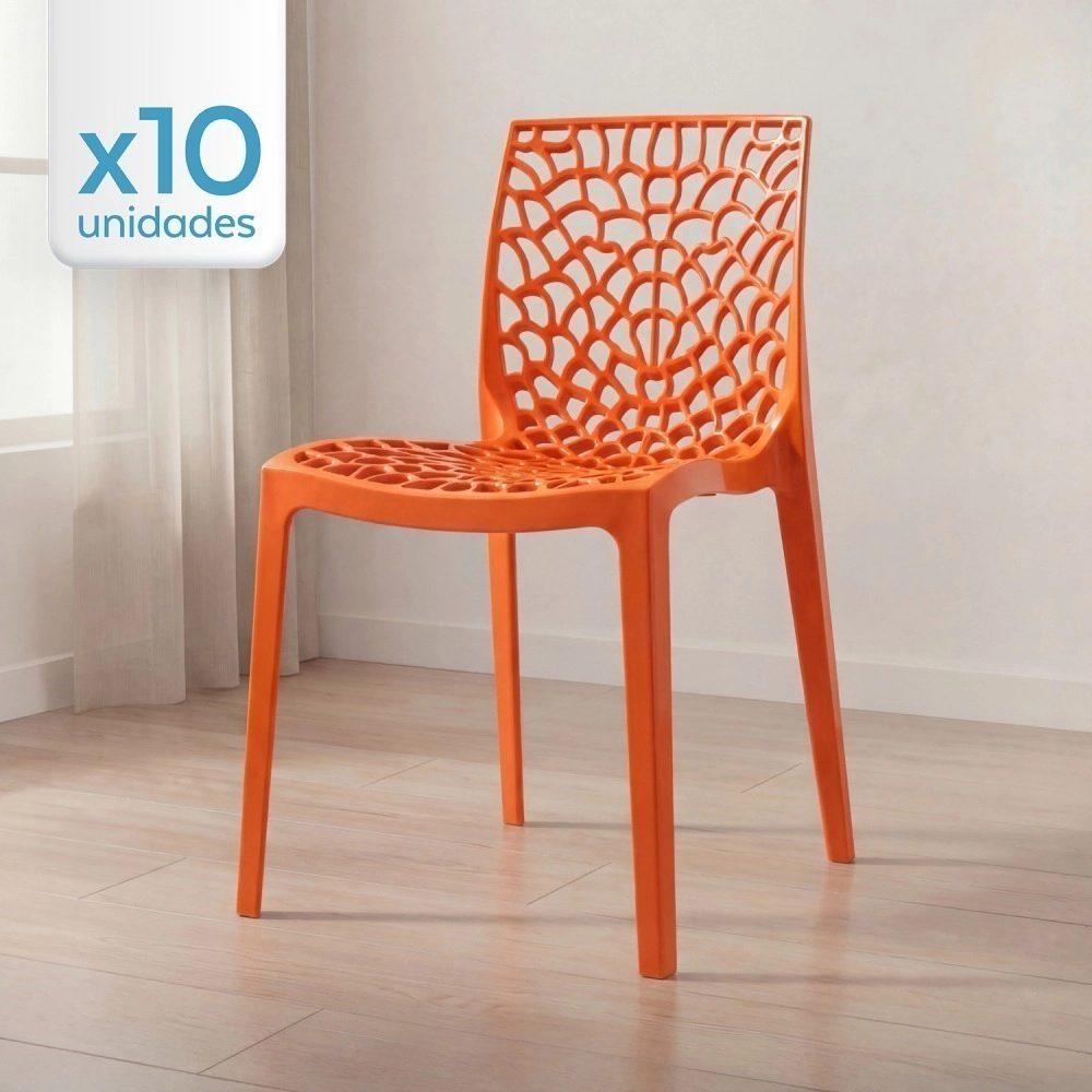 Kit 10 Cadeiras de jantar Gruvyer com design contemporâneo e anatômico - Laranja Kit 10 Cadeiras de jantar Gruvyer com design contemporâneo e anatômico - Laranja