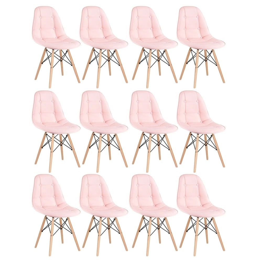 Kit 12 Cadeiras de jantar Charles Eames Eiffel Botonê Estofada - Rosa Kit 12 Cadeiras de jantar Charles Eames Eiffel Botonê Estofada - Rosa