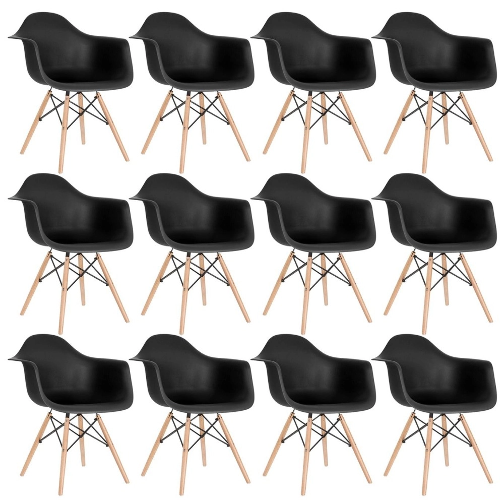 Kit 12 Cadeiras de jantar Charles Eames  Eiffel DAW em Polipropileno - Preto