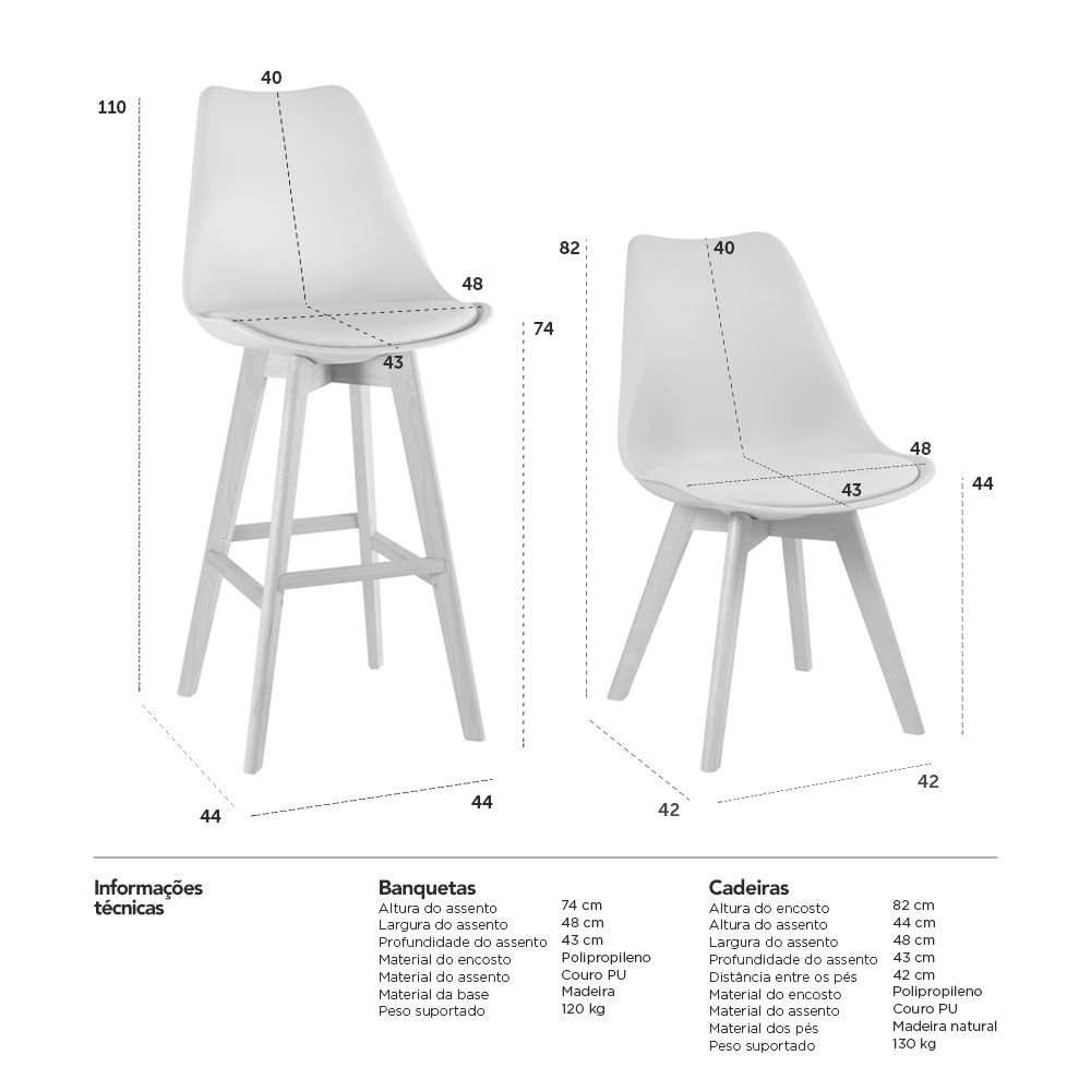 Kit 2 banquetas + 4 cadeiras estofadas Leda - Branco Kit 2 banquetas + 4 cadeiras estofadas Leda - Branco