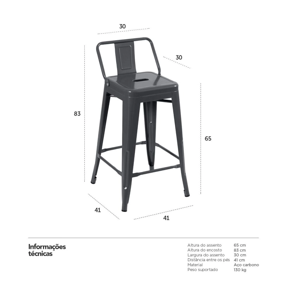 Kit 2 banquetas médias para bancada Iron Tolix com encosto 66 cm – Cinza Escuro