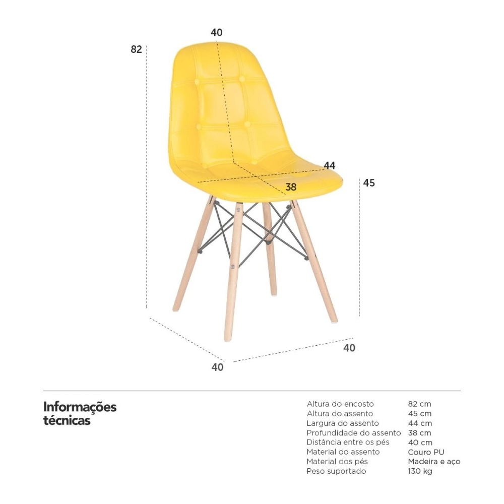 Kit 2 Cadeiras de jantar Charles Eames Eiffel Botonê Estofada - Amarelo Kit 2 Cadeiras de jantar Charles Eames Eiffel Botonê Estofada - Amarelo