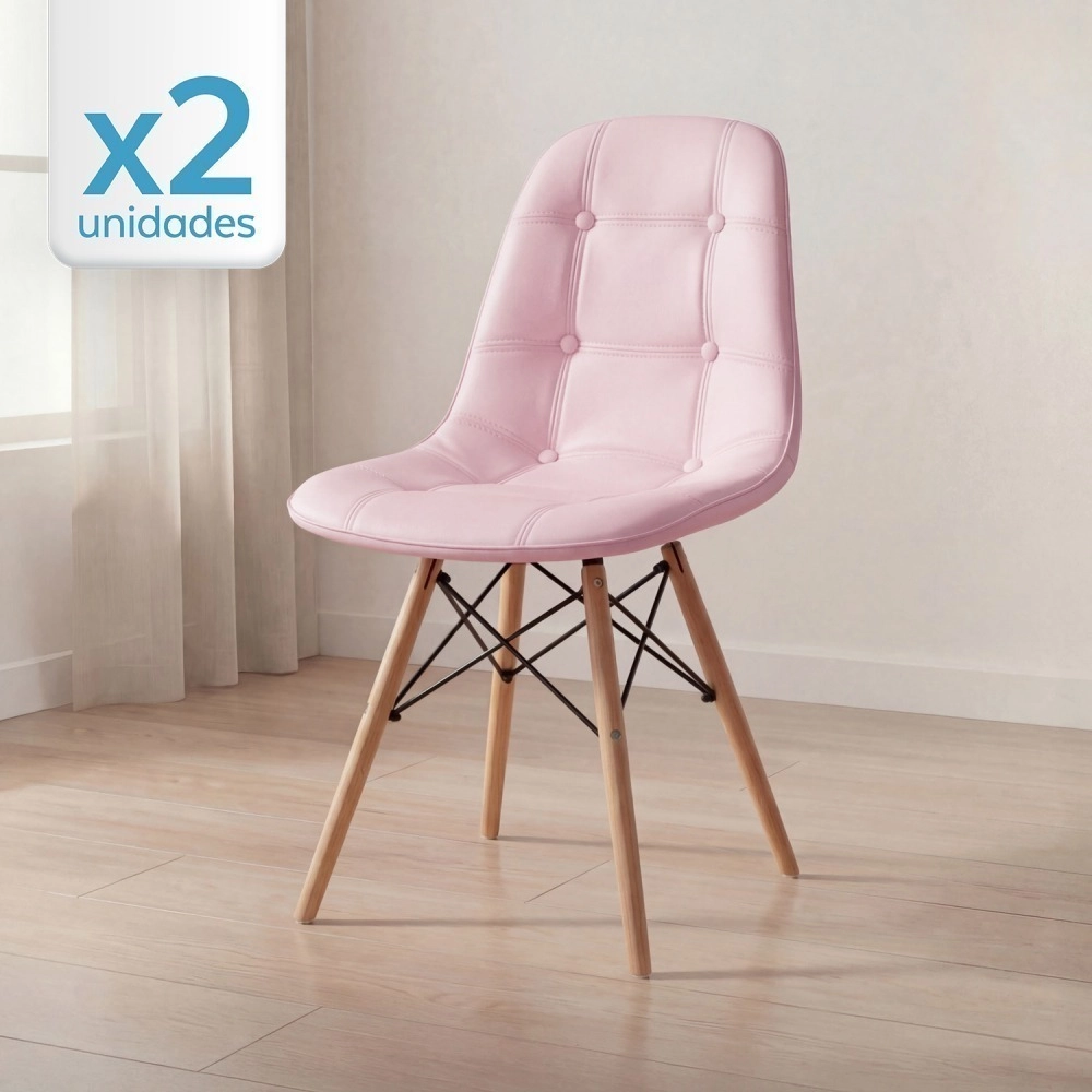 Kit 2 Cadeiras de jantar Charles Eames Eiffel Botonê Estofada - Rosa claro