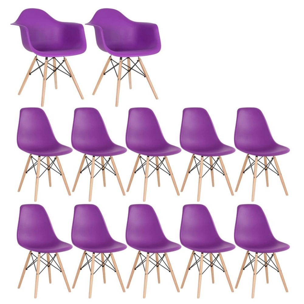 Kit 2 cadeiras Eames Daw com braços + 10 cadeiras Eiffel Dsw - Roxo Kit 2 cadeiras Eames Daw com braços + 10 cadeiras Eiffel Dsw - Roxo