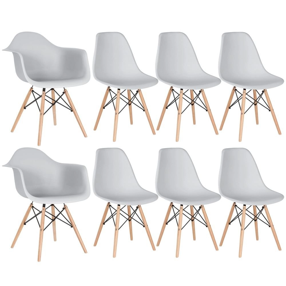 Kit 2 cadeiras Eames DAW com braços + 6 cadeiras Eiffel DSW - Cinza claro Kit 2 cadeiras Eames DAW com braços + 6 cadeiras Eiffel DSW - Cinza claro