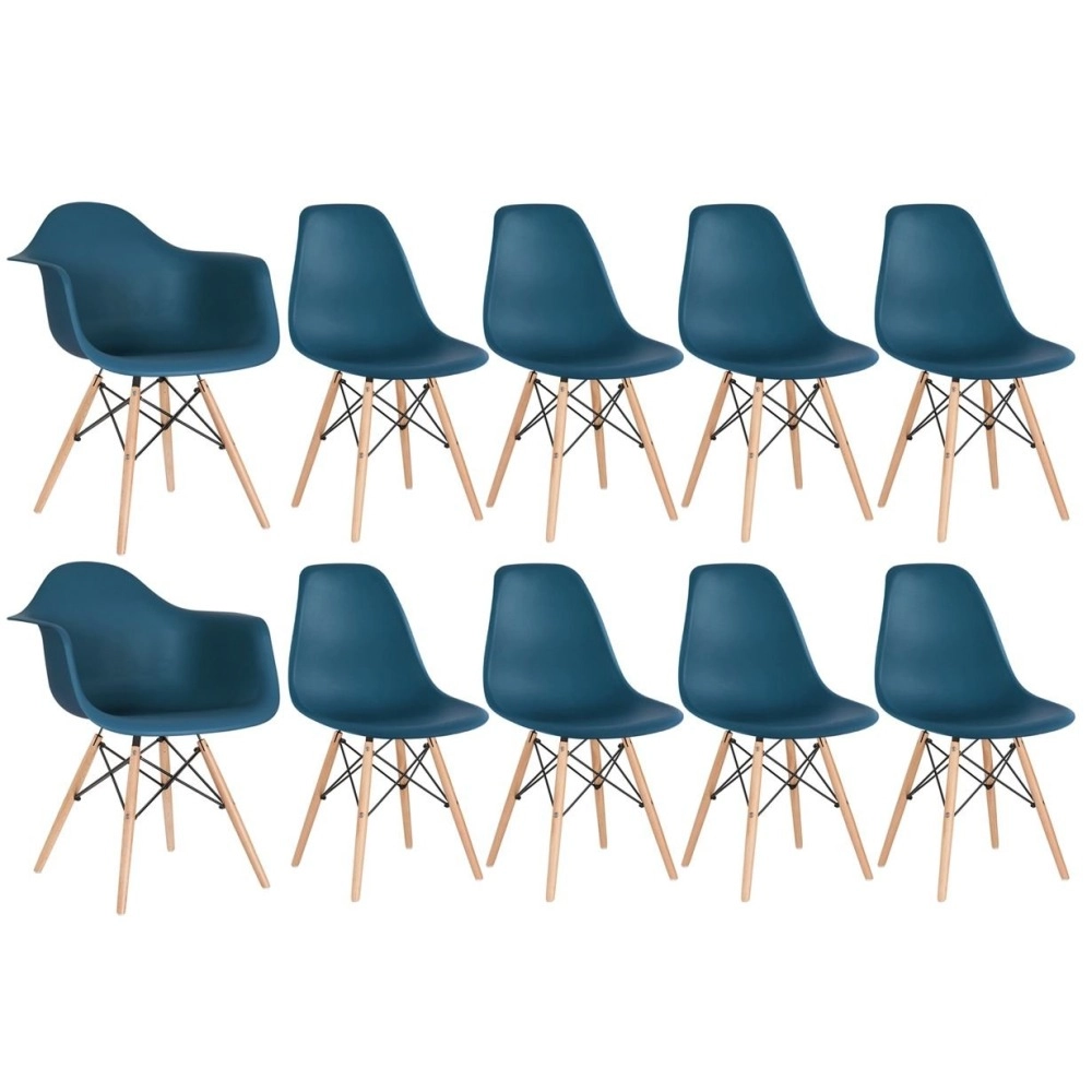 Kit 2 cadeiras Eames Daw com braços + 8 cadeiras Eiffel Dsw - Azul petróleo Kit 2 cadeiras Eames Daw com braços + 8 cadeiras Eiffel Dsw - Azul petróleo