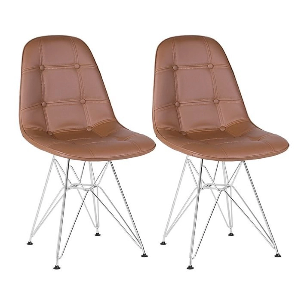 Kit 2 Cadeiras estofada Charles Eames Eiffel Botonê DKR com pés de metal cromado - Marrom Kit 2 Cadeiras estofada Charles Eames Eiffel Botonê DKR com pés de metal cromado - Marrom