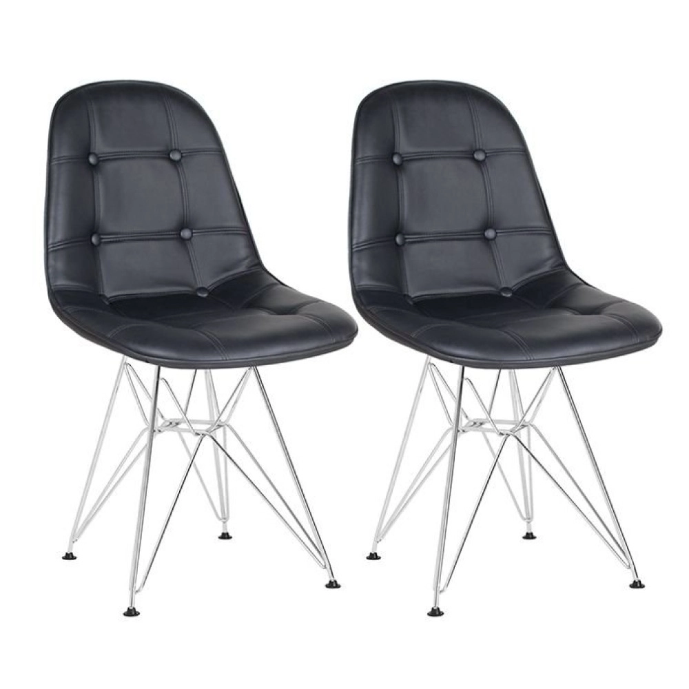 Kit 2 Cadeiras estofada Charles Eames Eiffel Botonê DKR com pés de metal cromado - Preto