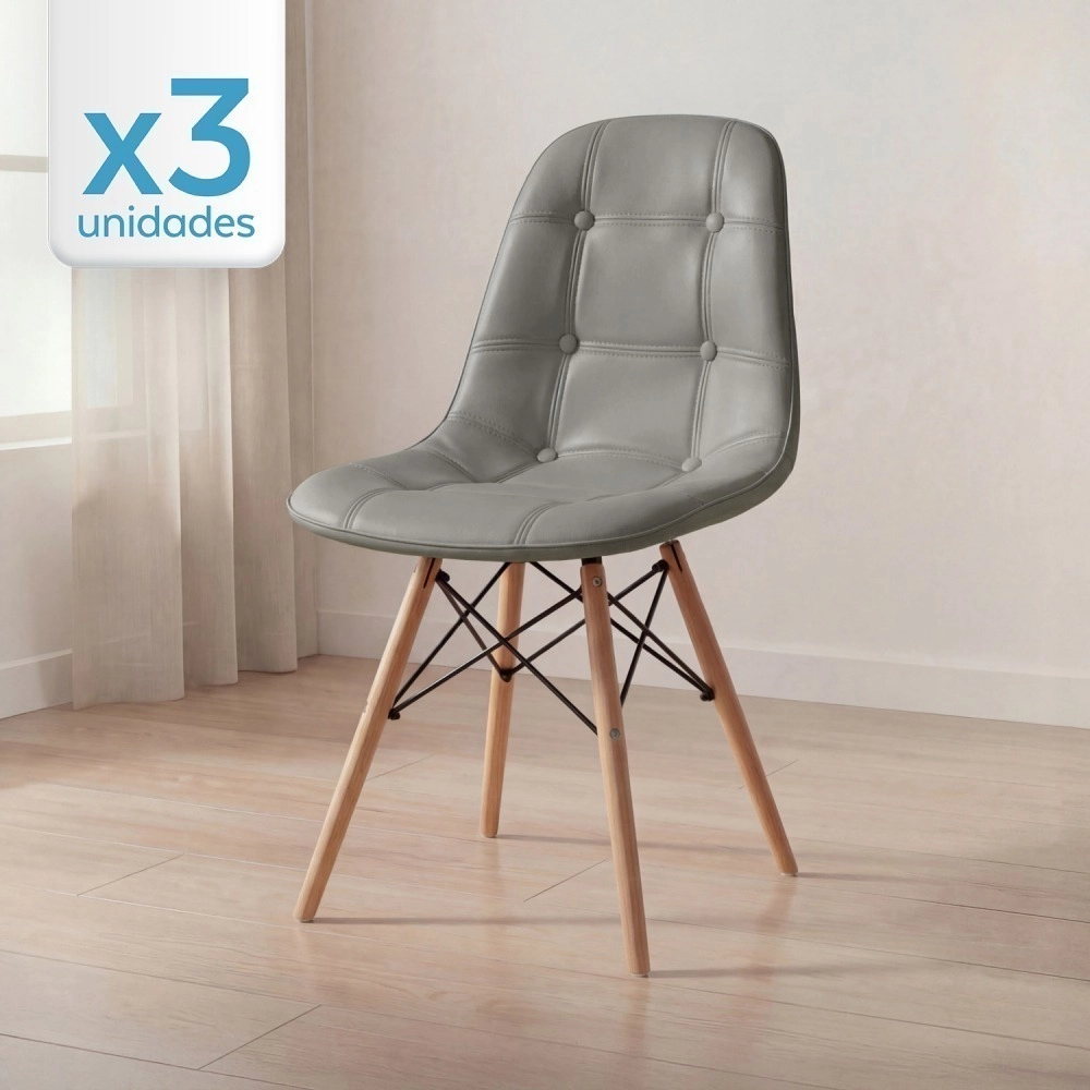 Kit 3 Cadeiras de jantar Charles Eames Eiffel Botonê Estofada – Cinza Kit 3 Cadeiras de jantar Charles Eames Eiffel Botonê Estofada – Cinza