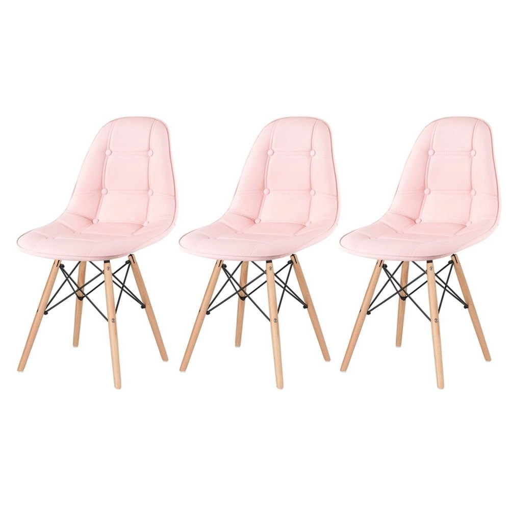 Kit 3 Cadeiras de jantar Charles Eames Eiffel Botonê Estofada – Rosa