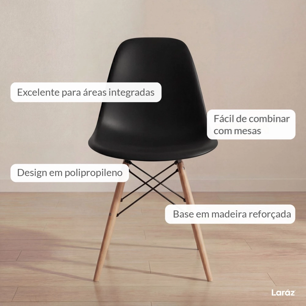 Kit 3 Cadeiras de jantar Charles Eames Eiffel DSW em Polipropileno - Preto