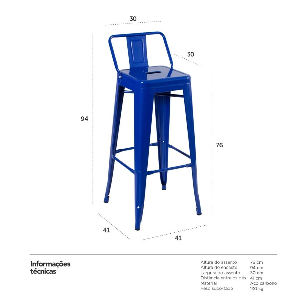 Kit 4 banquetas altas para bancada Iron Tolix com encosto 76 cm – Azul escuro