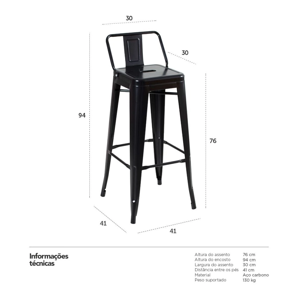 Kit 4 banquetas altas para bancada Iron Tolix com encosto 76 cm – Preto Semibrilho Kit 4 banquetas altas para bancada Iron Tolix com encosto 76 cm – Preto Semibrilho