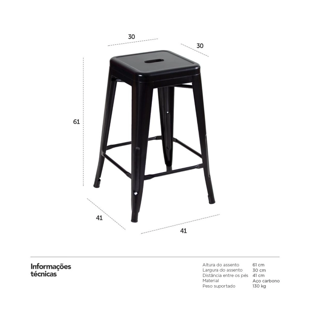 Kit 4 Banquetas média para bancada Iron Tolix 61 cm - Preto