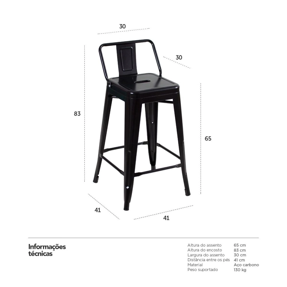 Kit 4 banquetas médias para bancada Iron Tolix com encosto 66 cm – Preto