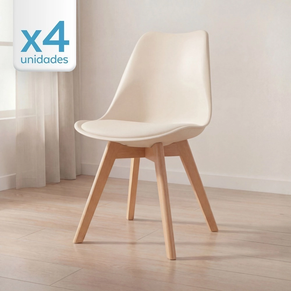 Kit 4 Cadeiras de jantar Leda com assento estofado e design moderno - Creme