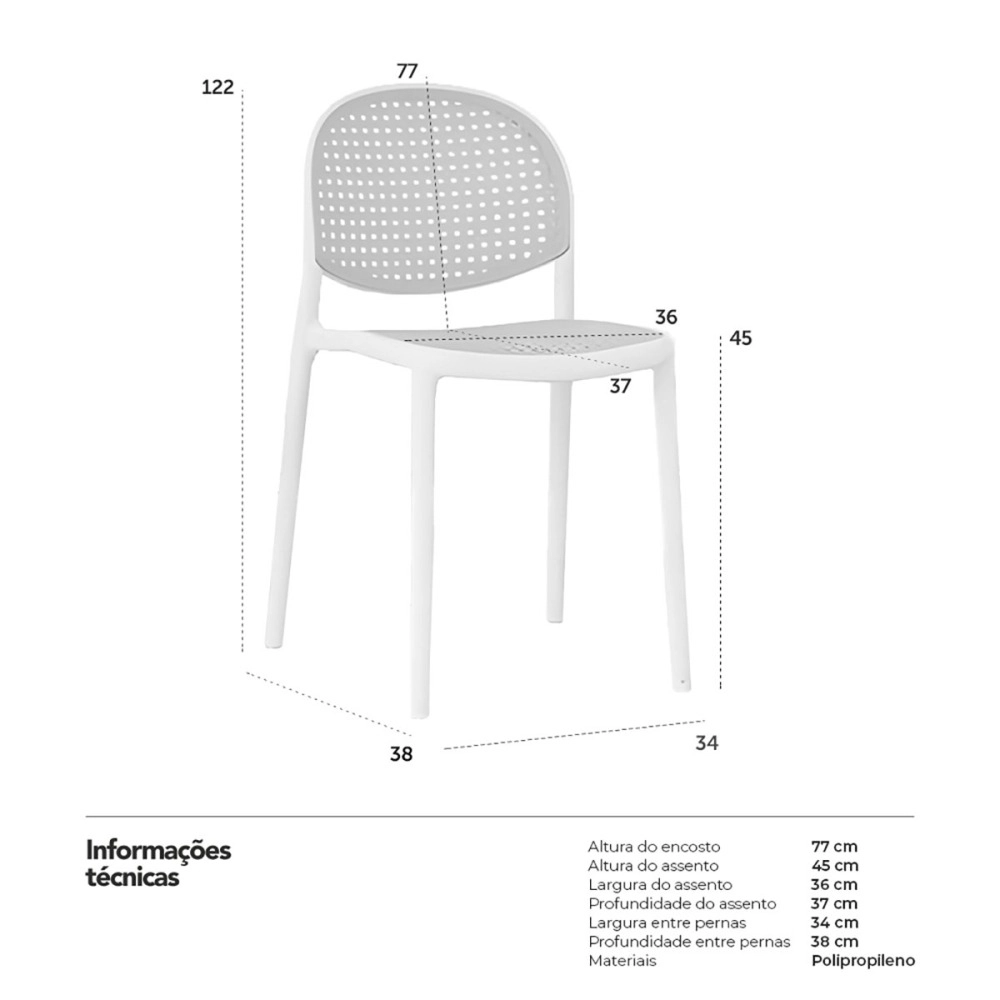 Kit 4 Cadeiras de jantar Mumbai de telinha com design contemporâneo e assento anatômico – Branco
