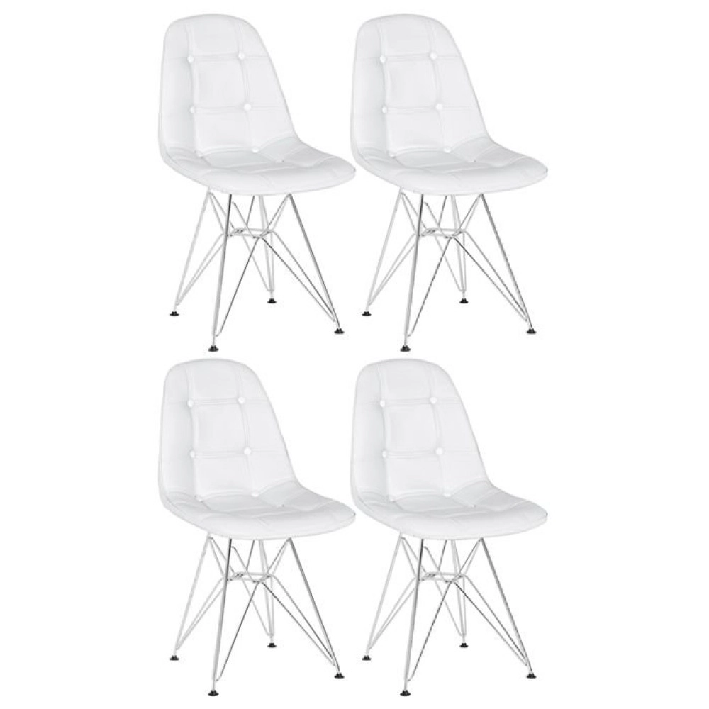 Kit 4 Cadeiras estofada Charles Eames Eiffel Botonê DKR com pés de metal cromado - Branco