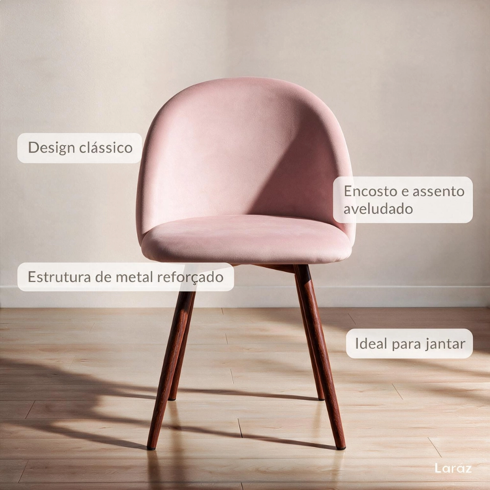 Kit 4 cadeiras estofada de jantar Maite Sedona em veludo – Rosa Claro Kit 4 cadeiras estofada de jantar Maite Sedona em veludo – Rosa Claro
