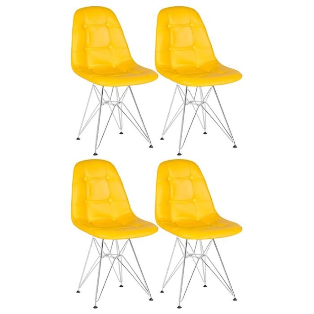 Kit 4 cadeiras estofadas Charles Eames Eiffel Botonê com pés de metal cromado - Amarelo