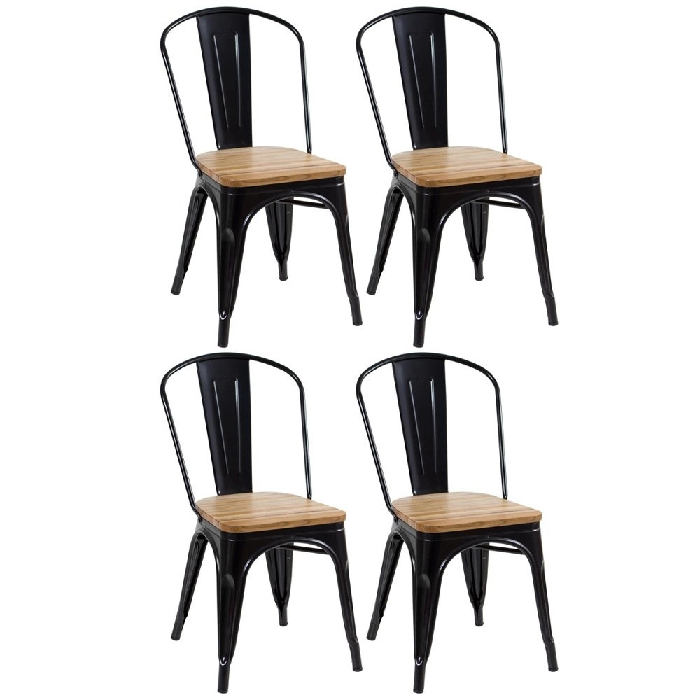 Kit 4 cadeiras Iron Tolix para cozinha com assento de madeira - Preto