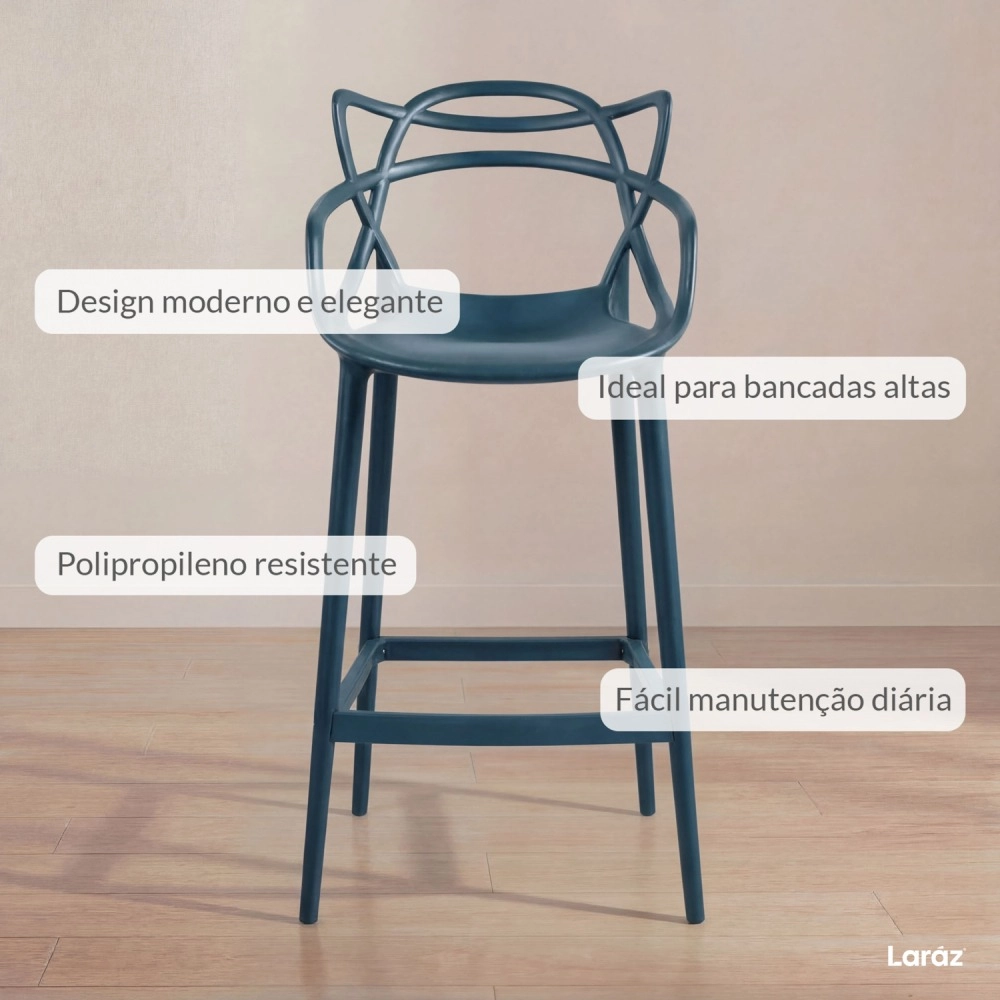 Kit 5 Banquetas alta para bancada Master Allegra em Polipropileno 78 cm - Azul petróleo