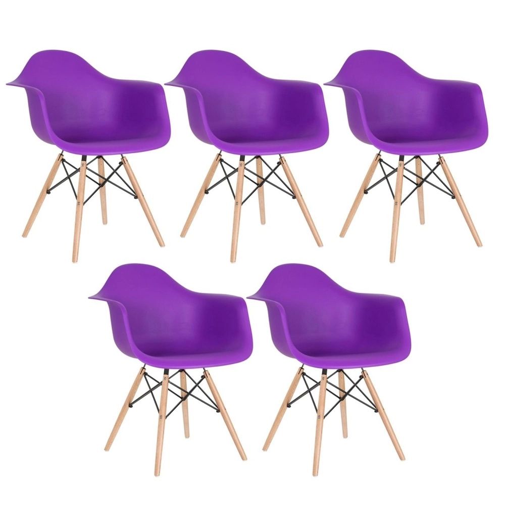 Kit 5 cadeiras Charles Eames Eiffel DAW com braços e pés de madeira clara Roxo Kit 5 cadeiras Charles Eames Eiffel DAW com braços e pés de madeira clara Roxo
