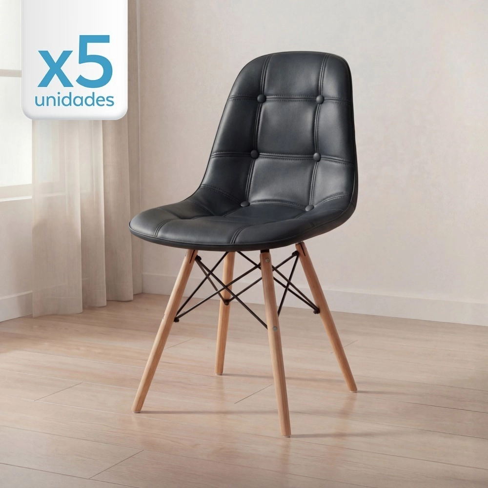 Kit 5 Cadeiras de jantar Charles Eames Eiffel Botonê Estofada – Preto