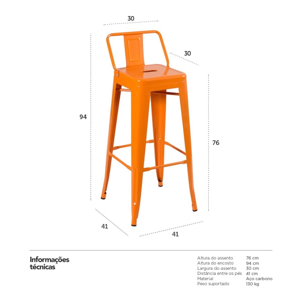 Kit 6 banquetas altas para bancada Iron Tolix com encosto 76 cm – Laranja Kit 6 banquetas altas para bancada Iron Tolix com encosto 76 cm – Laranja