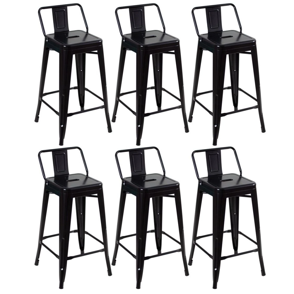 Kit 6 banquetas médias para bancada Iron Tolix com encosto 66 cm – Preto