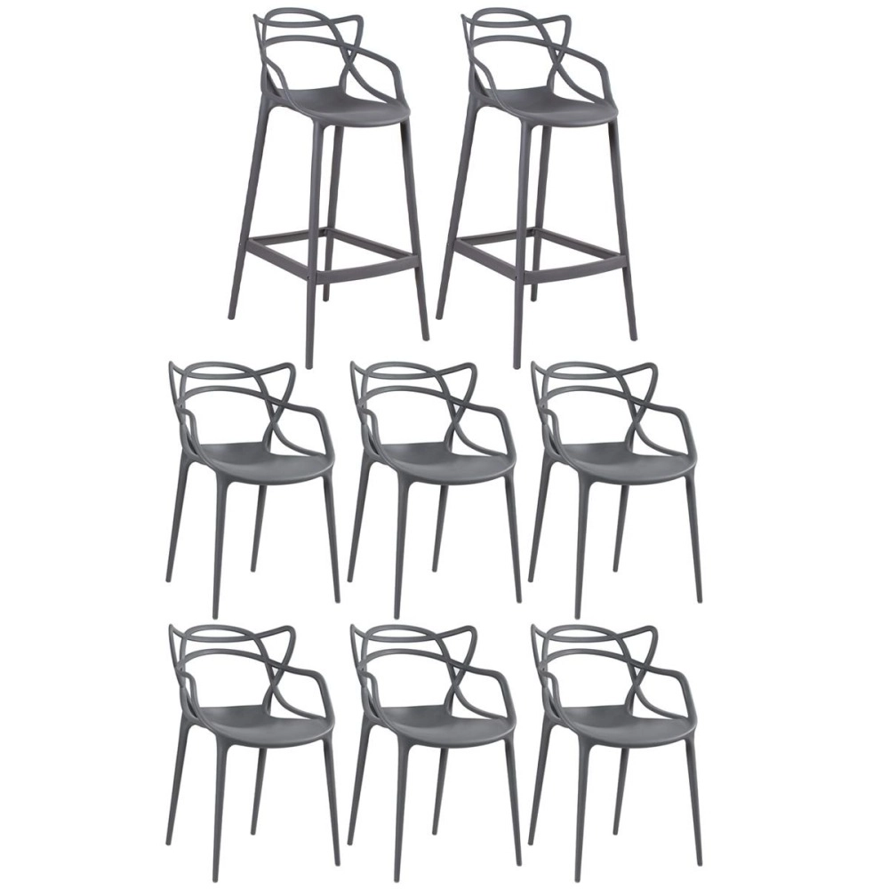 Kit 6 cadeiras + 2 banquetas altas Masters Allegra - Cinza escuro