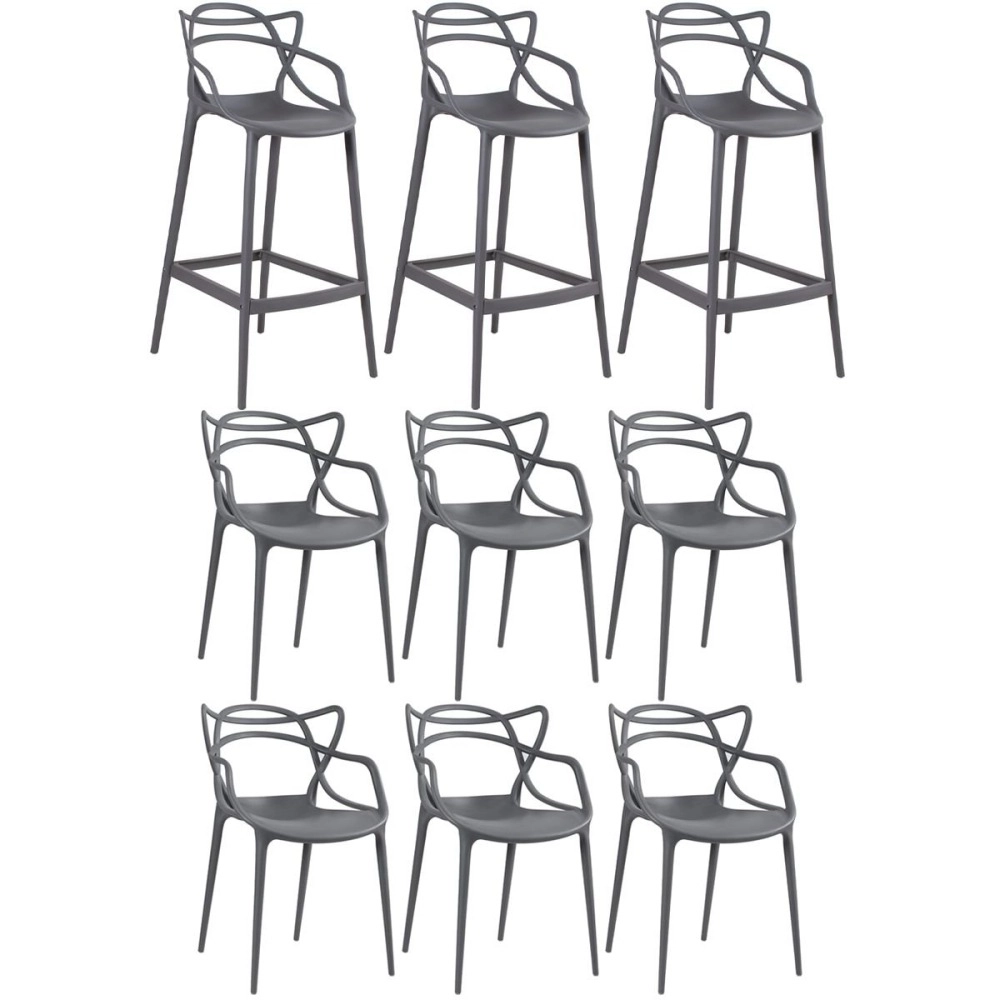 Kit 6 cadeiras + 3 banquetas altas Masters Allegra - Cinza escuro