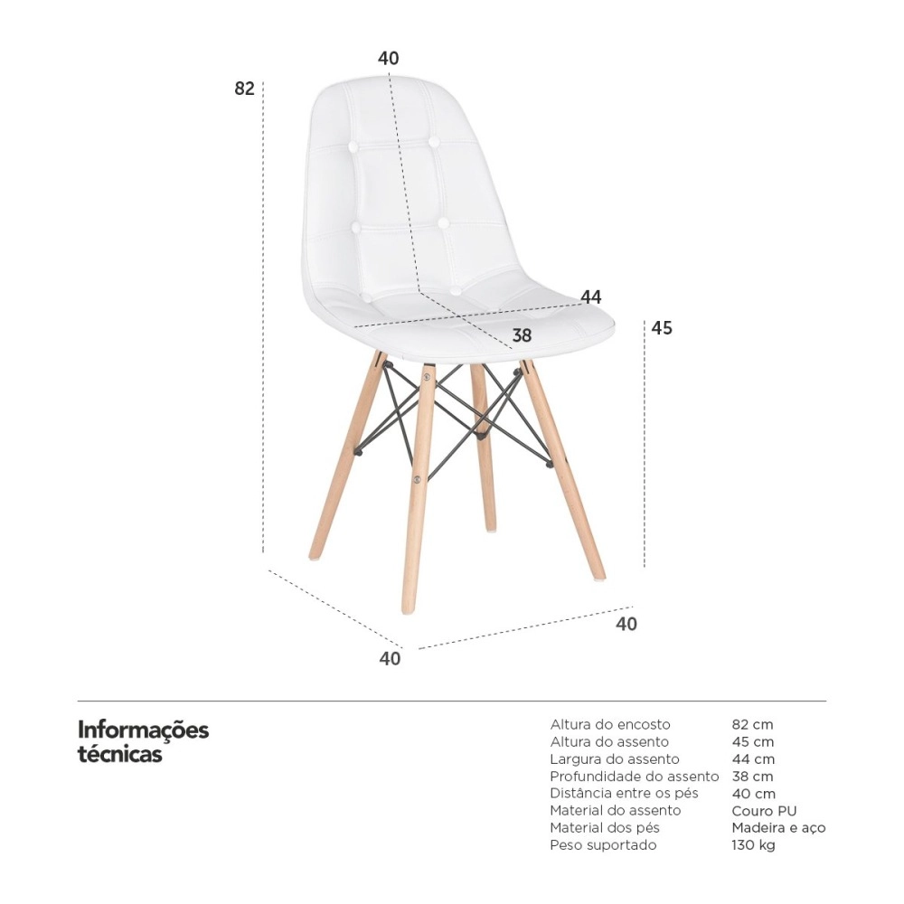 Kit 6 Cadeiras de jantar Charles Eames Eiffel Botonê Estofada - Branco Kit 6 Cadeiras de jantar Charles Eames Eiffel Botonê Estofada - Branco
