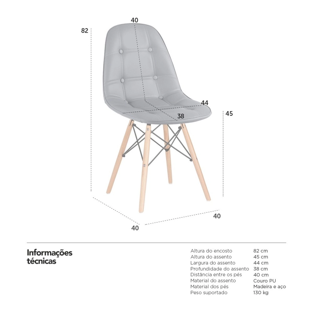 Kit 6 Cadeiras de jantar Charles Eames Eiffel Botonê Estofada - Cinza Kit 6 Cadeiras de jantar Charles Eames Eiffel Botonê Estofada - Cinza
