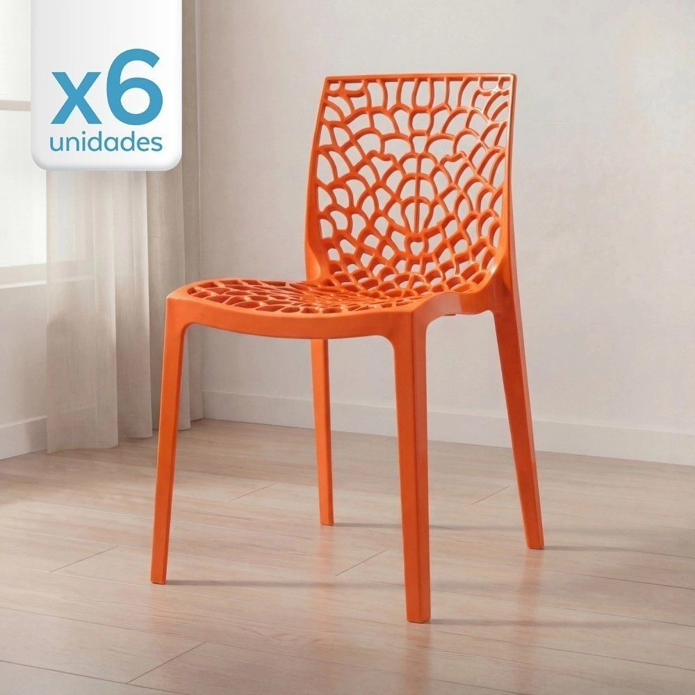 Kit 6 Cadeiras de jantar Gruvyer com design contemporâneo e anatômico - Laranja Kit 6 Cadeiras de jantar Gruvyer com design contemporâneo e anatômico - Laranja