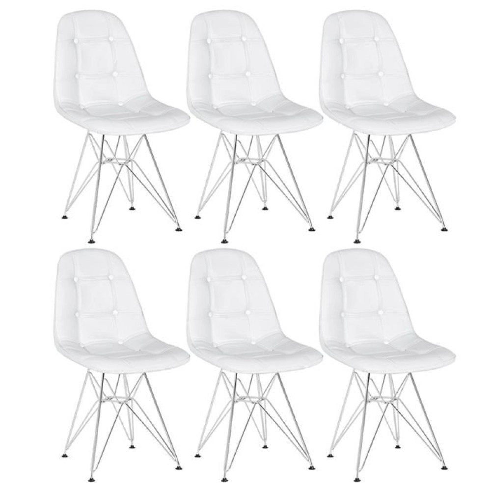 Kit 6 Cadeiras estofada Charles Eames Eiffel Botonê DKR com pés de metal cromado - Branco Kit 6 Cadeiras estofada Charles Eames Eiffel Botonê DKR com pés de metal cromado - Branco