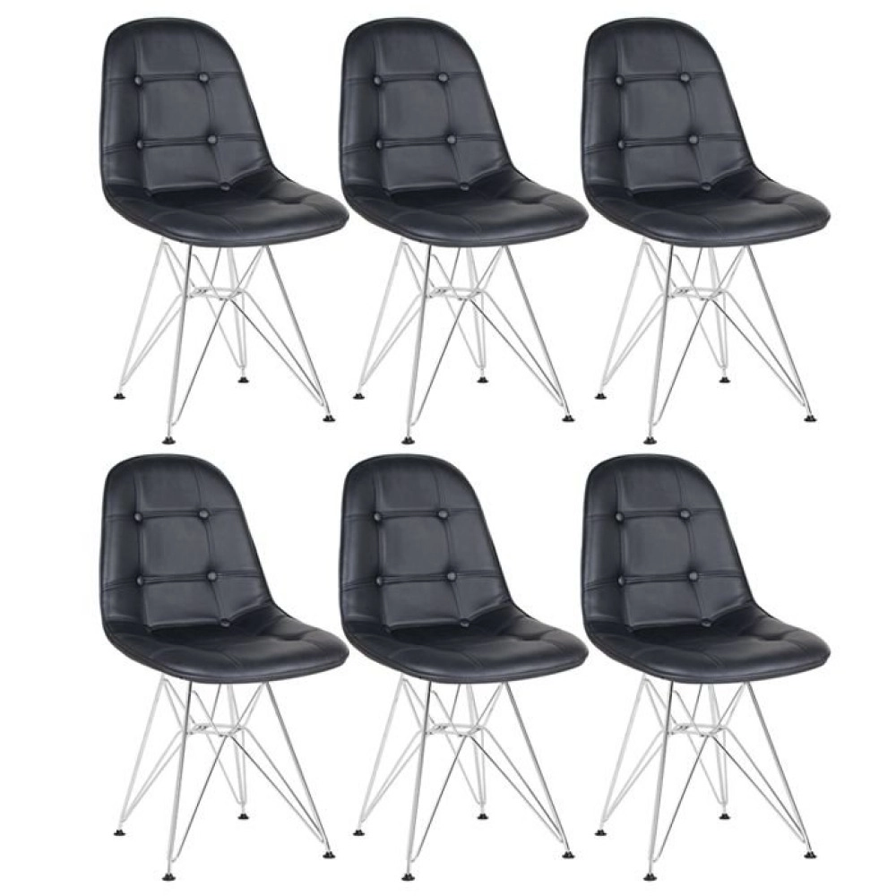 Kit 6 Cadeiras estofada Charles Eames Eiffel Botonê DKR com pés de metal cromado - Preto Kit 6 Cadeiras estofada Charles Eames Eiffel Botonê DKR com pés de metal cromado - Preto