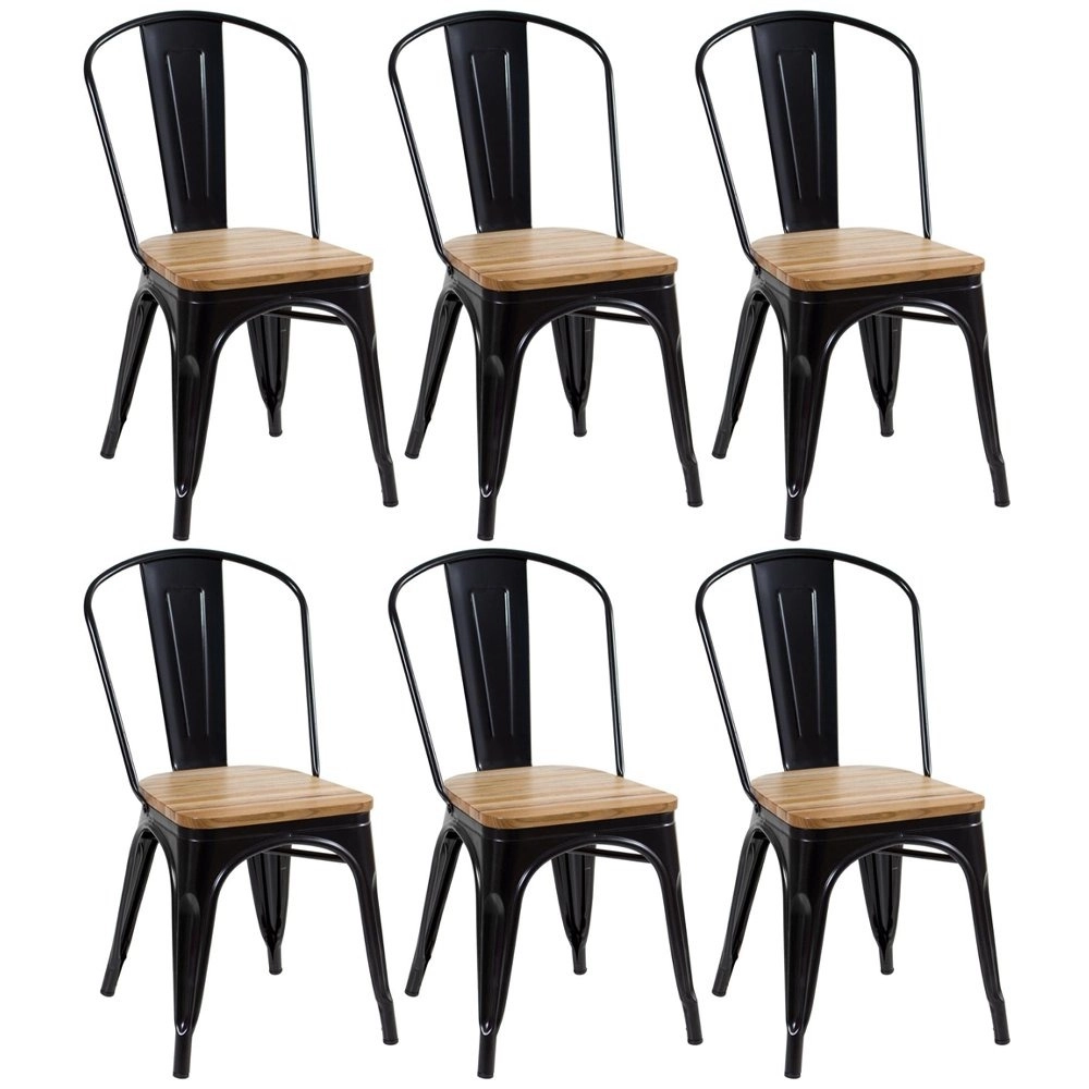 Kit 6 cadeiras Iron Tolix para cozinha com assento de madeira - Preto