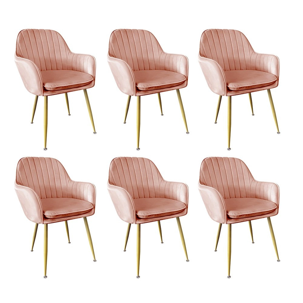 Kit 6 Cadeiras Poltrona Lines com pés dourados Suede para sala de jantar – Rosa