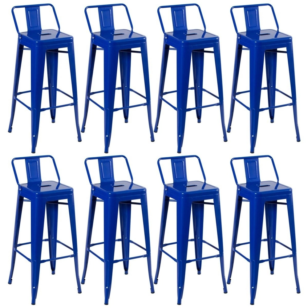 Kit 8 banquetas altas para bancada Iron Tolix com encosto 76 cm – Azul escuro